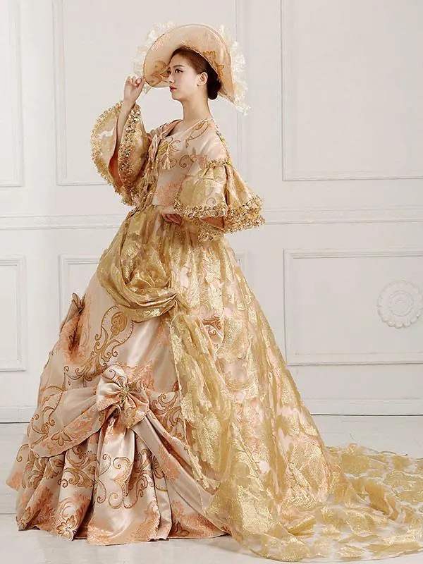 Rococo Victorian Retro Tudor Dress  Floral Print Lace 3/4-Length Sleeve Deep Apricot Classical Lolita Dress